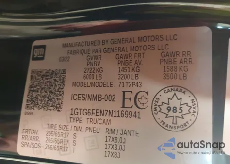 2022 GMC Canyon At4 W/Leather from USA, damaged, VIN 1GTG6FEN7N1169941